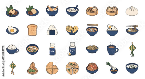 Asian Breakfast and Oriental Cuisine Vector Illustration Set: Dim Sum, Nasi Lemak, Ramen, Congee, and Traditional Snacks in Hand-Drawn Line Art Style