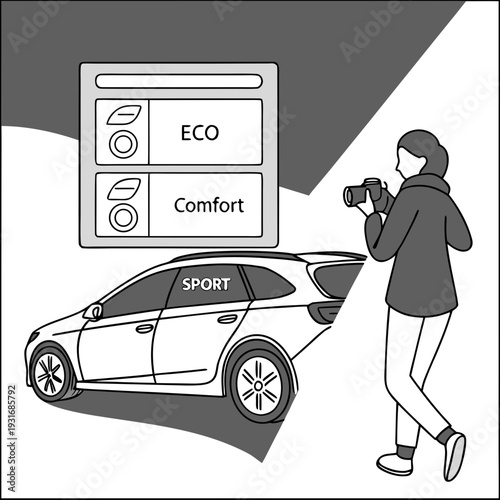 Photographer capturing car features with various driving modes displayed.