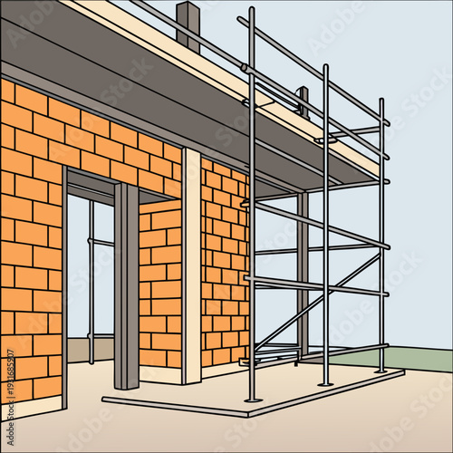 Scaffolding on a brick building under construction.