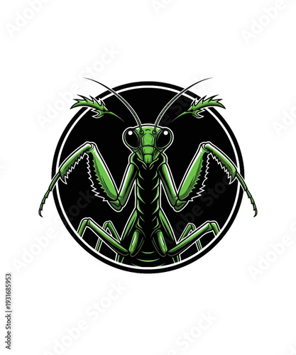 Striking vector graphic illustration of a fierce green praying mantis insect design centered within a circle.