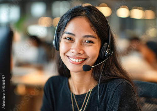 A smiling woman wearing a headset, working in a modern office environment with blurred background and warm lighting.