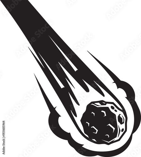 A meteor hurtles through space with a trail of flames behind it.