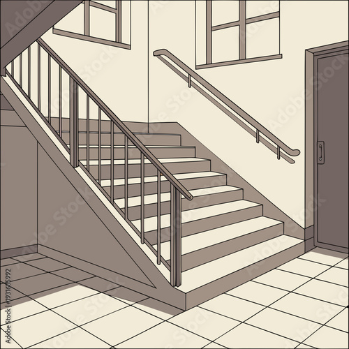 Staircase in a building with railings and a door.