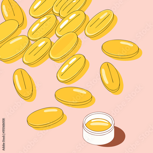 Vitamin E capsules and a small jar of vitamin E oil on a pink background illustrating health and beauty benefits.