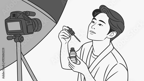 Male influencer filming a beauty product review for social media.