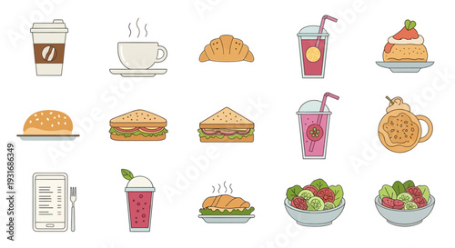 A collection of flat design icons featuring various breakfast and cafe items like coffee, sandwiches, salads, and smoothies, suitable for menus.