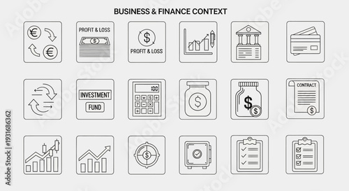 Outline icons representing various business and finance concepts like currency exchange, profit, loss, investment, banking, and financial planning.