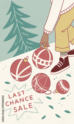 Person picking up Christmas ornaments for a last chance sale.