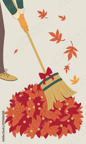 Person sweeping a large pile of vibrant autumn leaves with a broom illustrating fall cleanup activities.