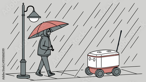 Person with umbrella and delivery robot on a rainy street.