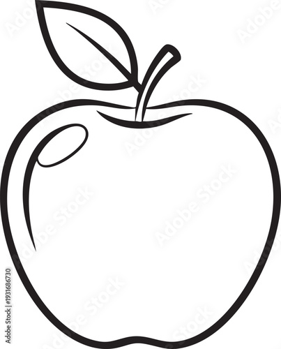 A simple line drawing of a fresh apple with a leaf on top