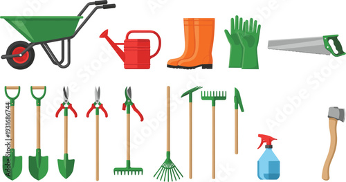 Gardening tools set wheelbarrow watering can boots gloves rake shovel pruner saw spray bottle vector