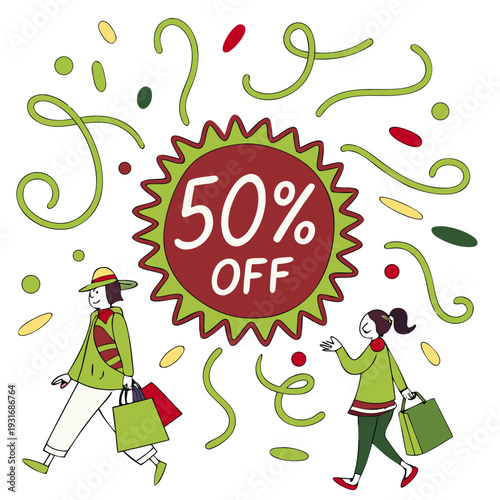 Festive Naive Black Friday 50% Discount Tag Cartoon Vector