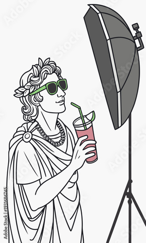 Roman Statue in Sunglasses Posing with Drink for Photoshoot.