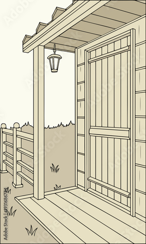 Rustic wooden porch with lantern and fence.