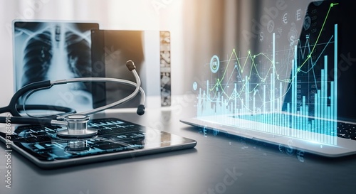 Medical analysis x rays laptop display financial data stethoscope concept