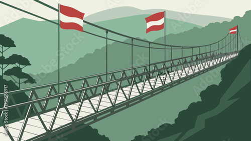 Suspension Bridge with Austrian Flags Spanning a Mountain Valley.