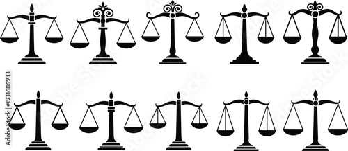 Justice scales silhouette set balance law legal symbol black icon collection