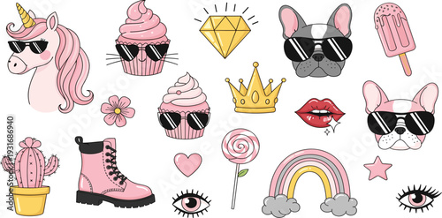 Cute girly fashion patch set unicorn cupcake diamond french bulldog rainbow lips crown vector