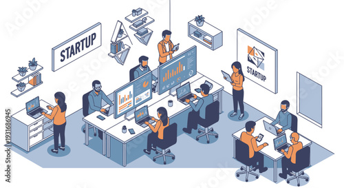 Isometric Illustration of a Busy Startup Team Working and Collaborating in a Modern Office Environment.