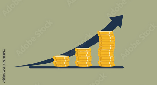 Increasing Stacks of Gold Coins with Dark Blue Upward Arrow on Solid Greenish-Grey Background Representing Steady Financial Accumulation.