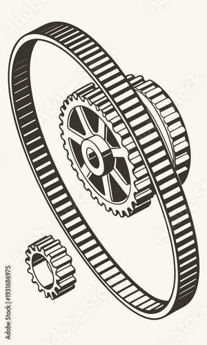 Timing belt and gears for engine mechanism.