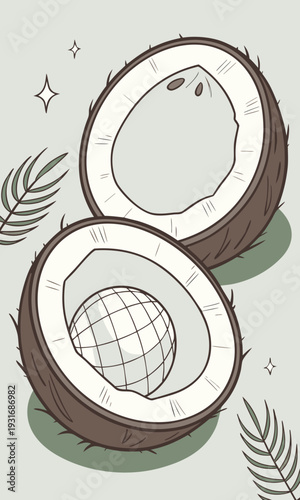 Two halves of a coconut with palm leaves and stars.