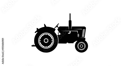 Side View Silhouette of an Agricultural Tractor on Isolated White Background, Used for Farming and Heavy Work