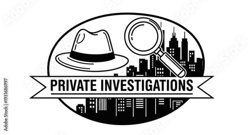 Private Investigations Logo Design with Fedora Hat, Magnifying Glass, and City Skyline Silhouette on Isolated White Background