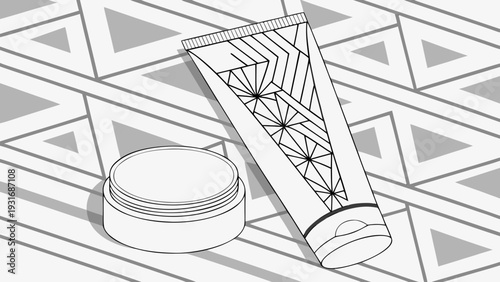 White cosmetic tube and jar on a geometric background.