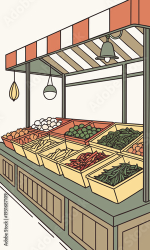 Vibrant outdoor market stall brimming with fresh produce and colorful vegetables.