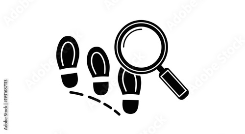 Outline Human Footprints and Magnifying Glass for Tracing and Solving Mystery in Isolated White Background