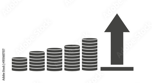 Rising Stacks of Coins with Upward Arrow in Isolated White Background