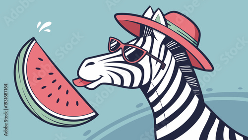 Zebra in a hat and sunglasses enjoying a slice of watermelon.