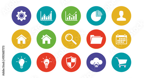 Colorful Flat Design Business and Technology Icons Set on Isolated White Background