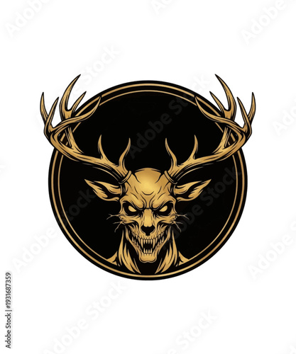 Terrifying golden deer skull illustration with massive antlers framed within a black circle design