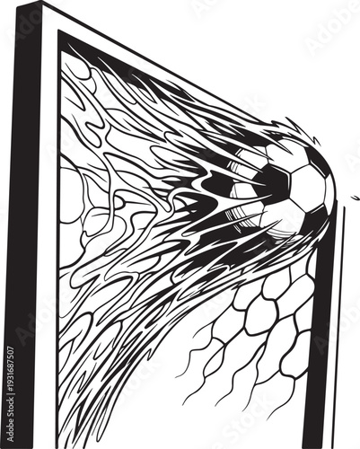 A soccer ball hits the back of a goal net