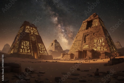 Ancient pyramids illuminated under a starry night sky in a vast desert landscape