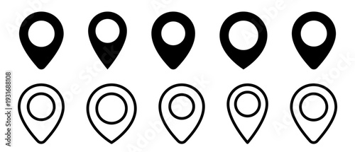 Black Pin Point Location and GPS Symbol icon set with solid and outline styles for navigation and mapping on transparent background.