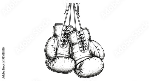 classic pair of boxing gloves hanging by laces in a vintage hand-drawn style on a white background ideal for sports design projects.