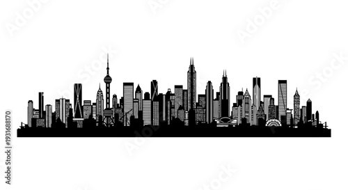 diverse city skyline silhouette featuring famous buildings symbolizing global business travel and urban development.