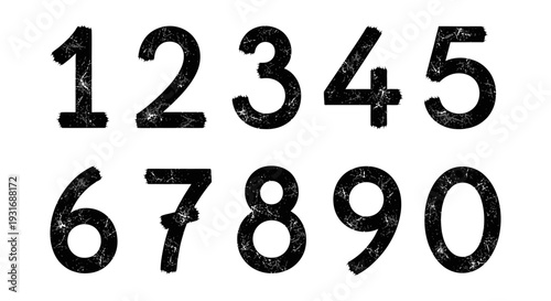 distressed grunge numbers 0-9 displayed on a white background perfect for industrial design education or graphic resource projects.