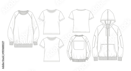 vector flat sketches of various casual apparel templates including a sweatshirt t-shirts and a zip-up hoodie for fashion design and product development