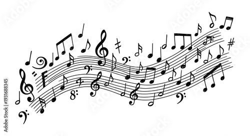 abstract hand-drawn musical composition with flowing notes treble and bass clefs on a white background symbolizing creativity