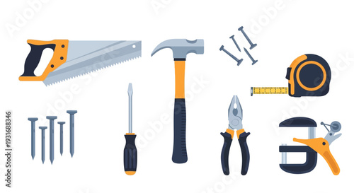 DIY & Home Repair Hand Tools Collection: Saw, Hammer, Screwdriver, Pliers, Tape Measure, Clamp & Nails Icon Set on White