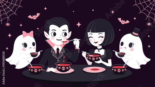 cute cartoon vampire couple and ghost kids enjoying a spooky halloween dinner with blood soup in a festive setting