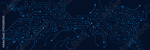 Blue circuit board technology texture on dark blue background. Network connection, motherboard, microprocessor and quantum computing concept. Vector
