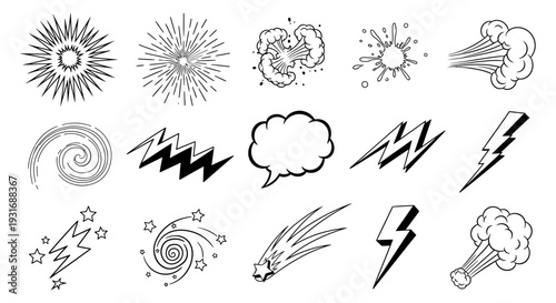 hand drawn comic book doodle elements illustrating speed power explosion and communication great for graphic design projects.