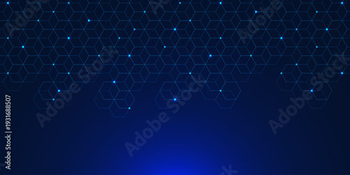 Futuristic hexagon pattern with dots on dark blue background. Big data visualization. Design for network connection, global communication, science and technology. Vector