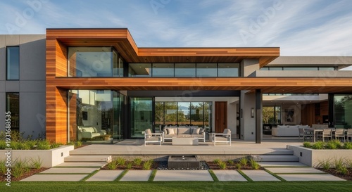 Modern luxury home exterior with patio and large windows under a blue sky